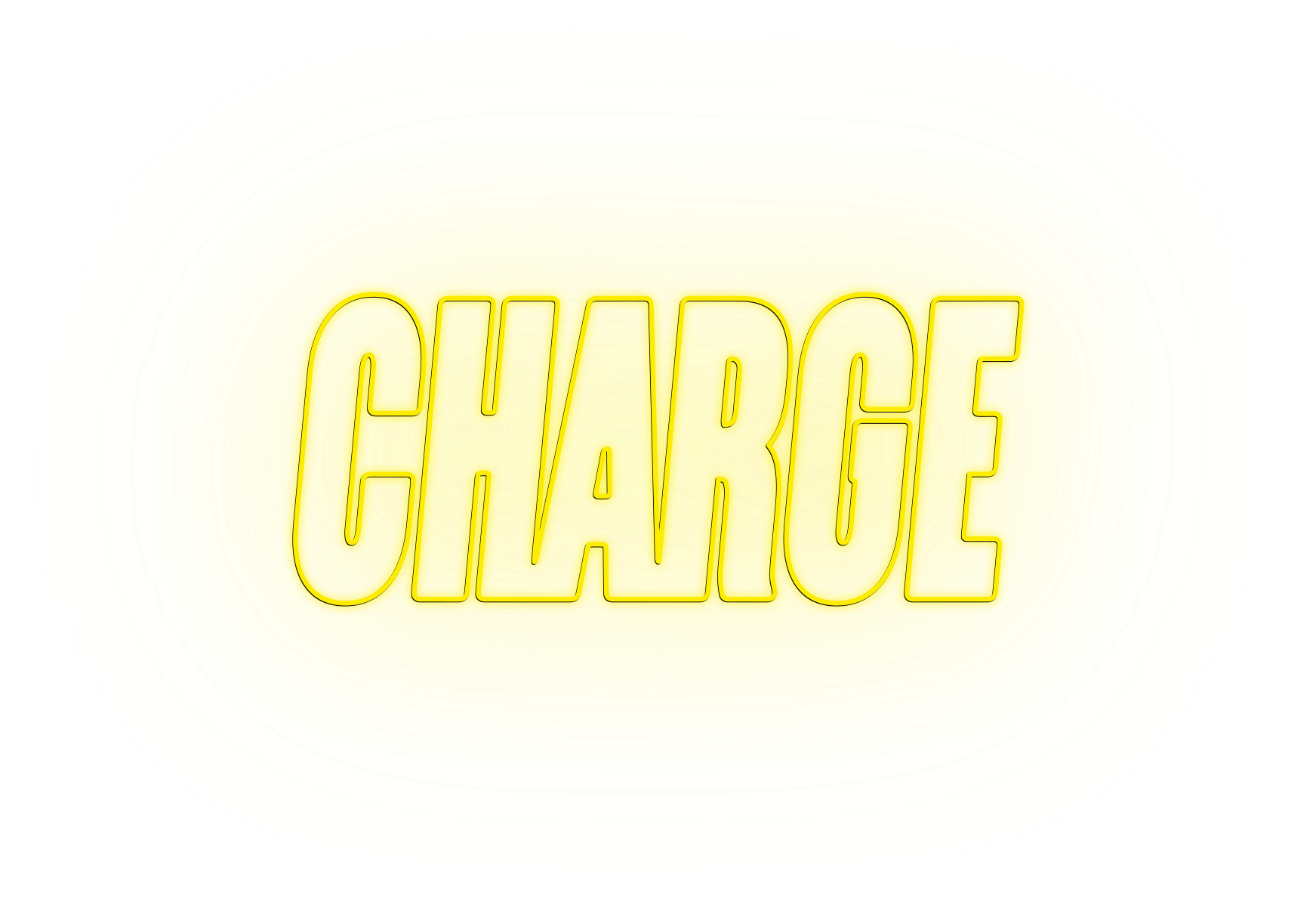 Geel neonbord met de tekst CHARGE op een transparante acrylplaat