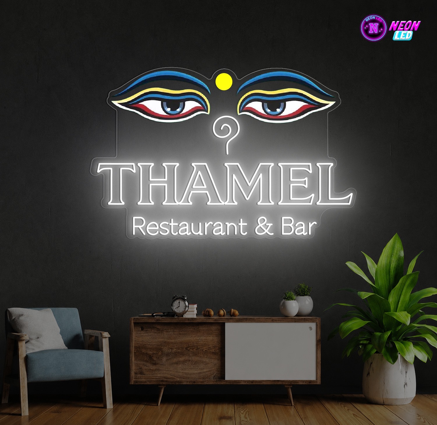 Meerkleurig neonlogo met Boeddha-ogen boven de tekst Thamel Restaurant & Bar