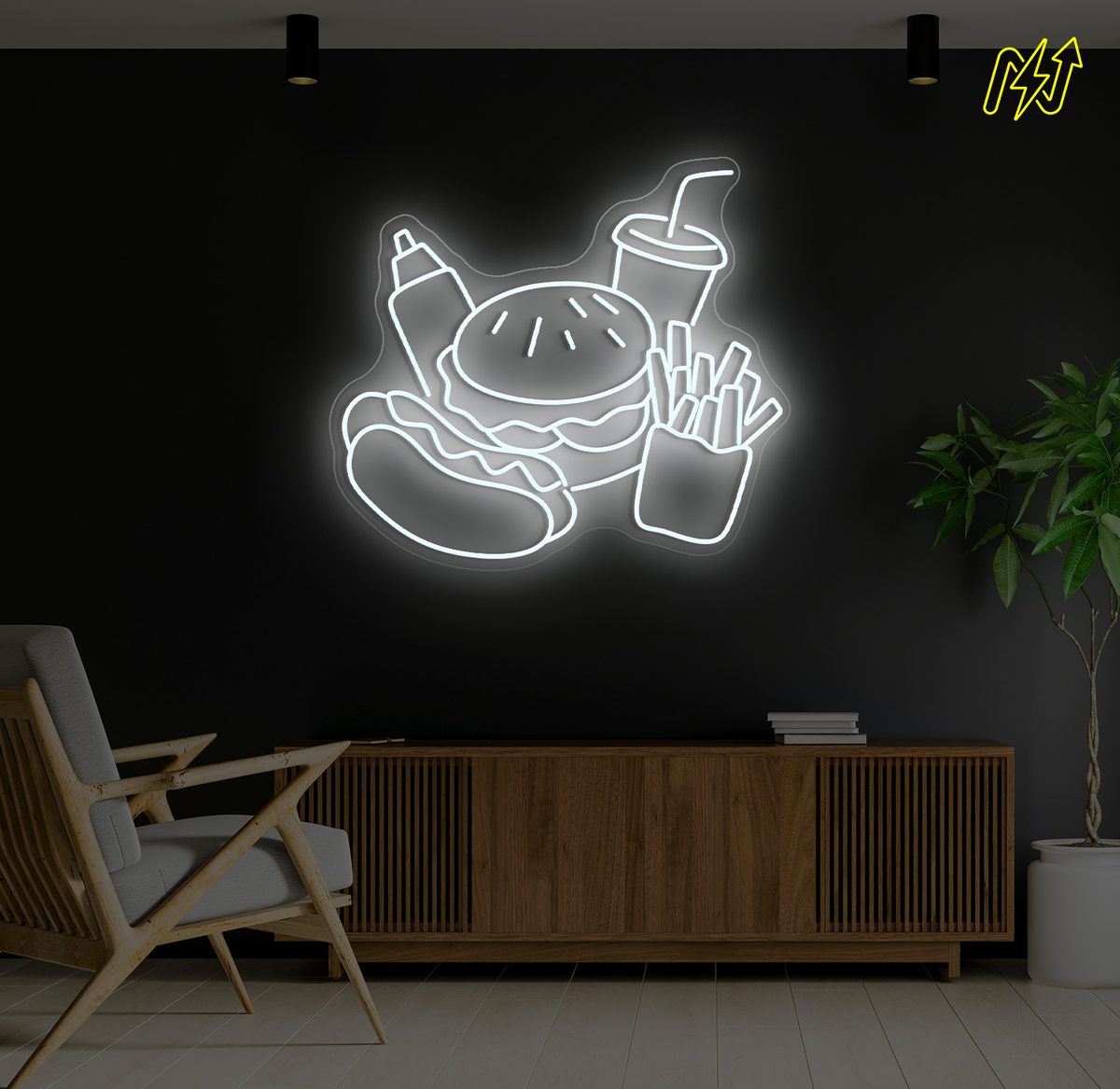 Burger, Hotdog, Friet, Drank & Saus LED-neonbord in Koud Wit